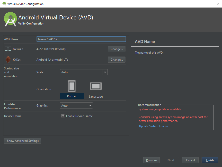 creating a new Android Virtual Device