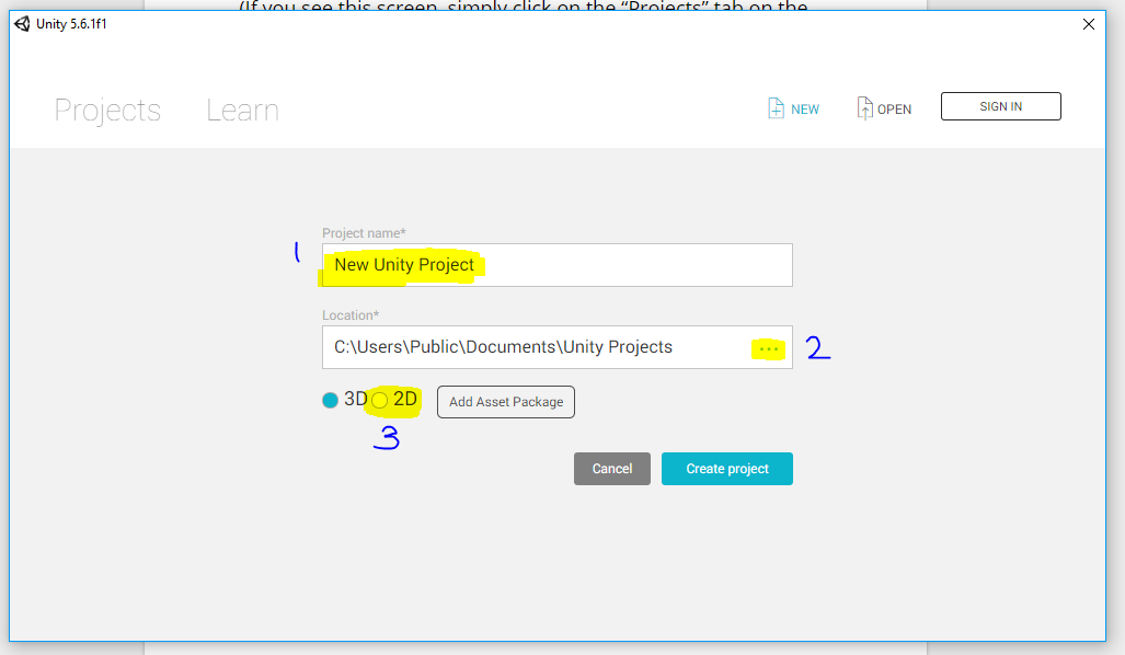 Steps to create project in Unity engine